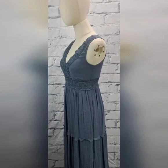 Rebellion Again Ruffled Boho Lace Maxi Dress V-Neck Dark Blue Rayon Y2K Size  XS - Picture 3 of 16